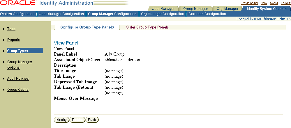 View Panel page with settings for the selected panel