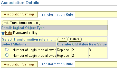 Transformation rules table
