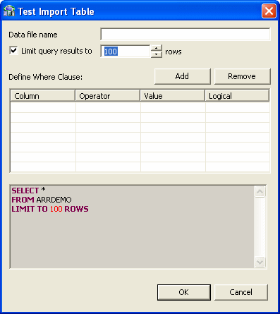 The Test Import Table screen.