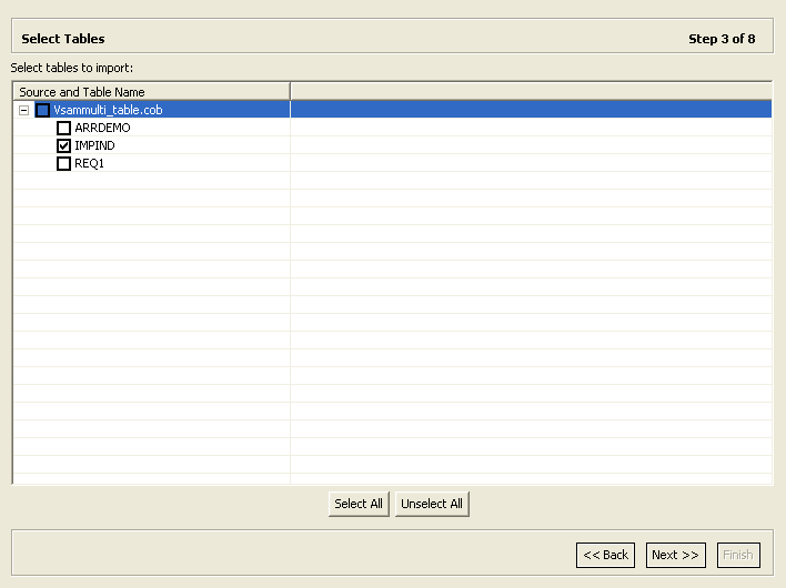 Select Tables screen used to select required tables