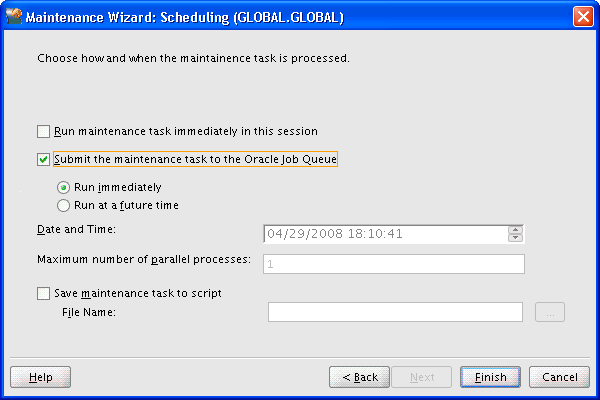 Maintenance wizard task processing options page