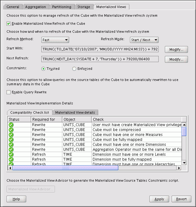 Cube Materialized View tab