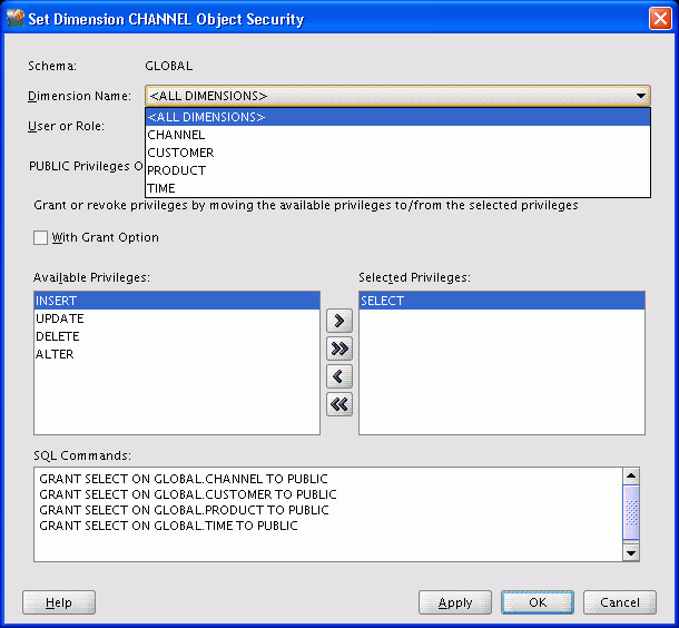 Set Dimension Object Security dialog box Set Dimension Object Security dialog box