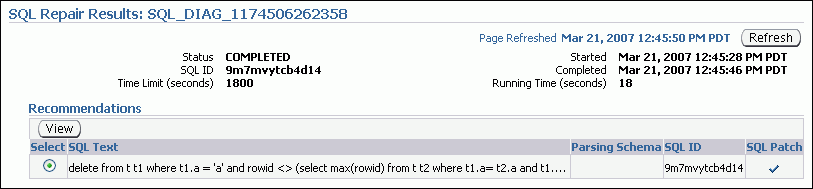 Description of sql_repair_advisor_results.gif follows Description of sql_repair_advisor_results.gif follows