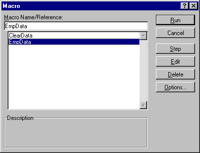 A dialog box with a list of possible macros. A dialog box with a list of possible macros.