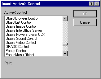 The Insert ActiveX Control dialog box. The Insert ActiveX Control dialog box.