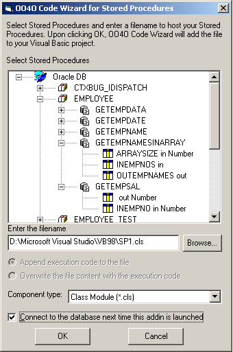 OO4O Code Wizard for Stored Procedures dialog box OO4O Code Wizard for Stored Procedures dialog box