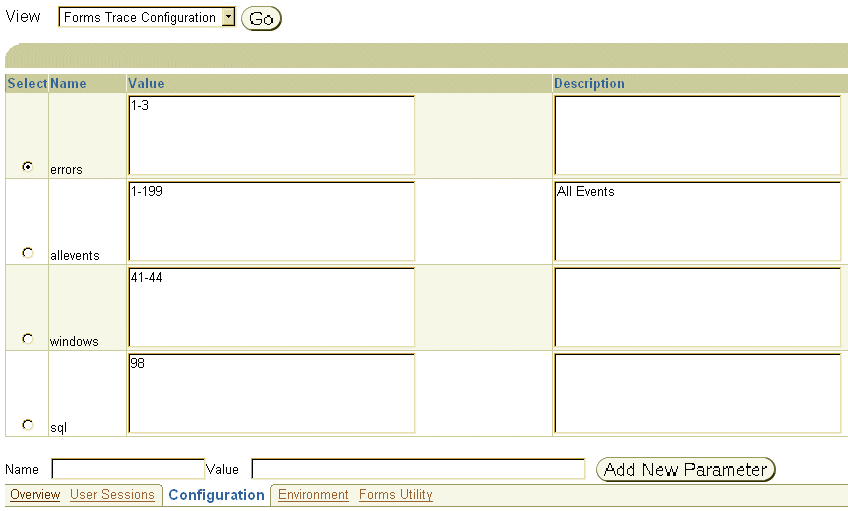 Configuring trace events with Enterprise Manager.