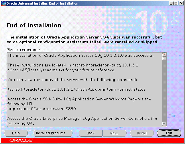 End of Installation screen