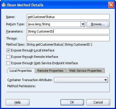Use the Bean Method Details dialog to create methods
