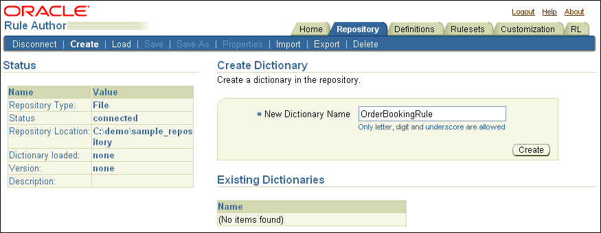 Rule Author Create Dictionary Page