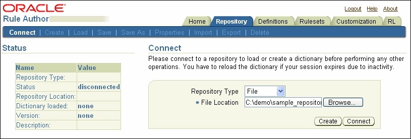 Rule Author WebDAV Repository Connect Page