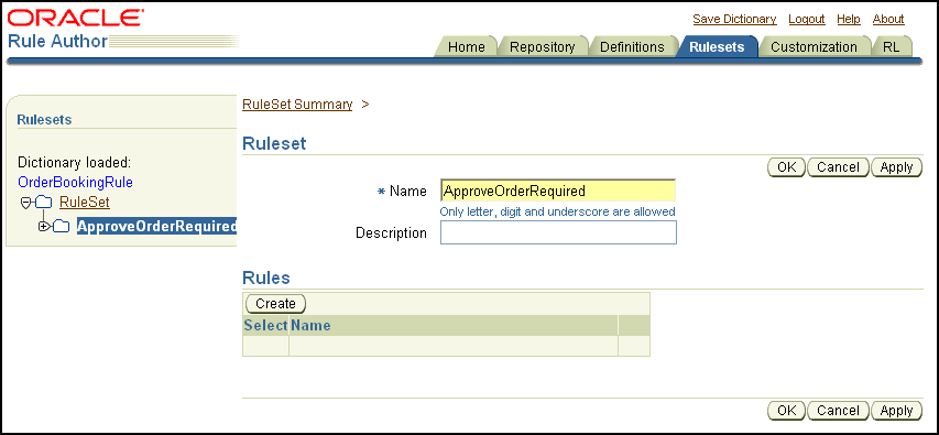 Rule Author RuleSet Page Showing the Create Button