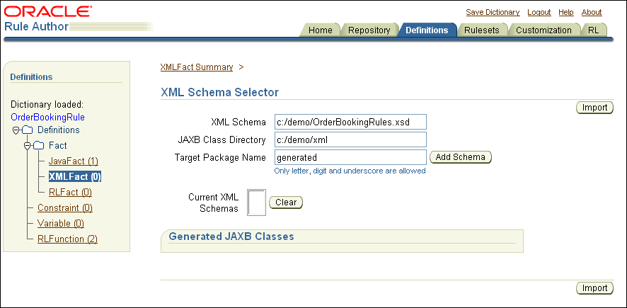 Rule Author XML Schema Selection Page