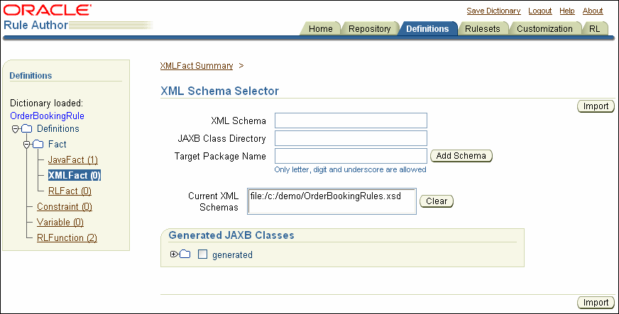Rule Author Definitions XML Schema Selector