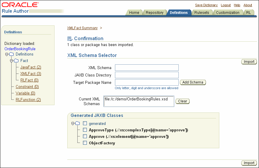 Rule Author XML Schema Selector with confirmation