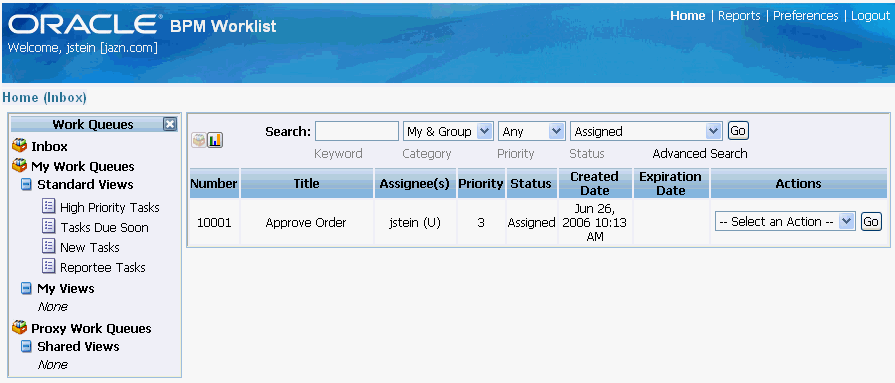 BPEL Workflow page allows users to access human workflow