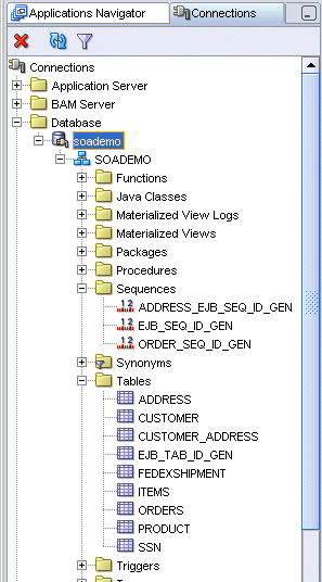 Viewing the SOADEMO schema in Oracle JDeveloper.