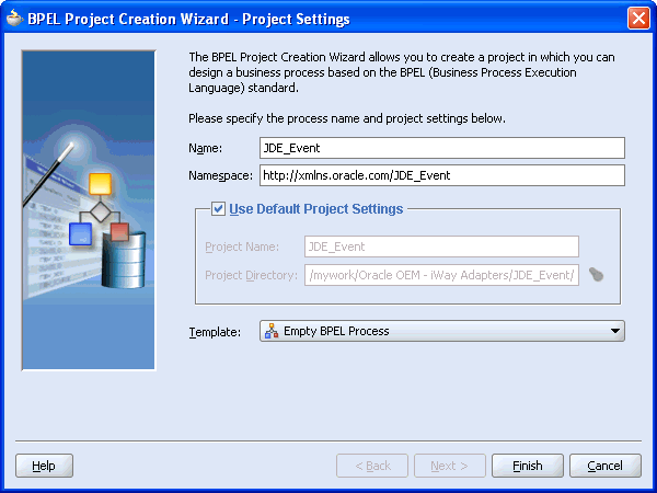 BPEL Project Creation Wizard - Project Settings dialog box