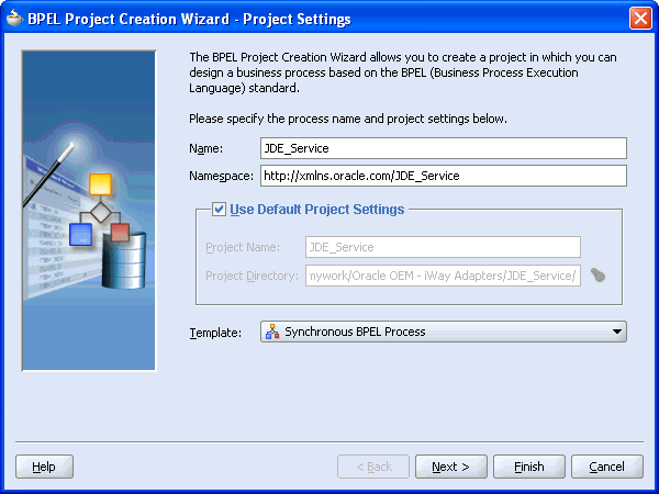 BPEL Project Creation Wizard - Project Settings dialog box