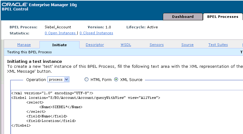 Oracle BPEL Console Initiate window