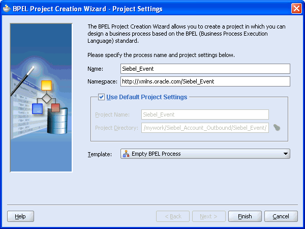 BPEL Project Creation Wizard - Project Settings dialog box