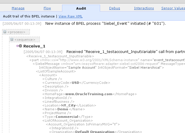 The newly received event msg displyd in BPEL Console