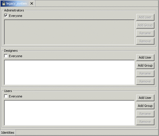 The Administration editor, used to change user permissions.