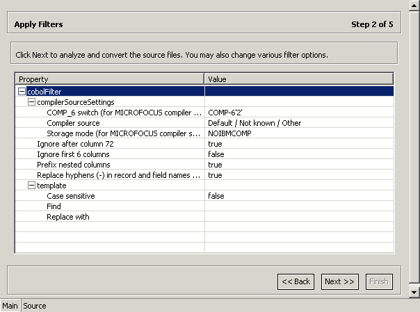 Setting filter properties for COBOL used for import.