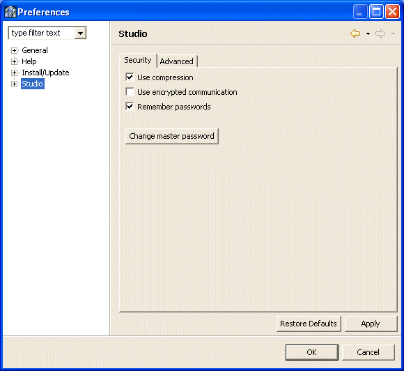 The Preferences screen, used to set and manage passwords