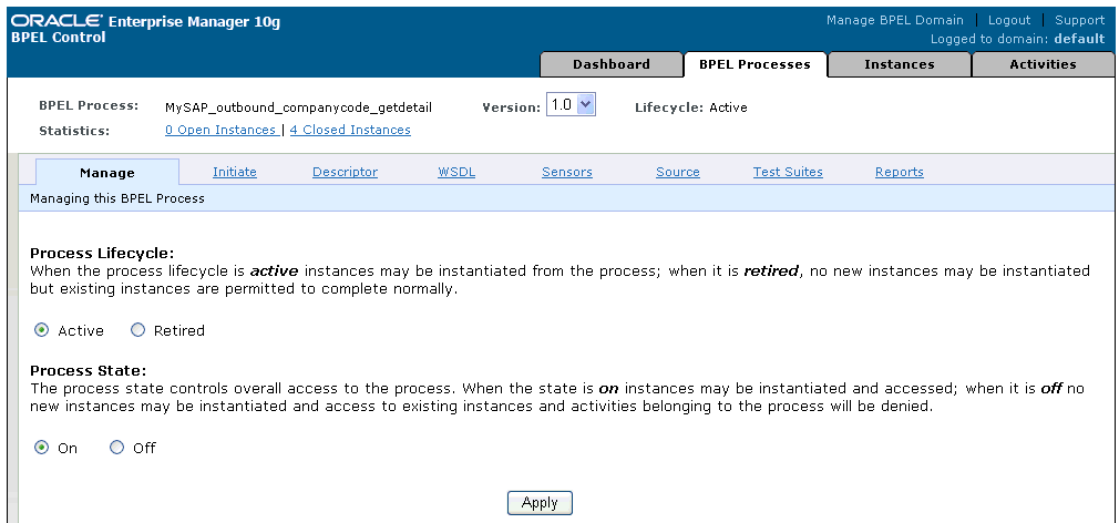 Oracle BPEL Console Manage tab