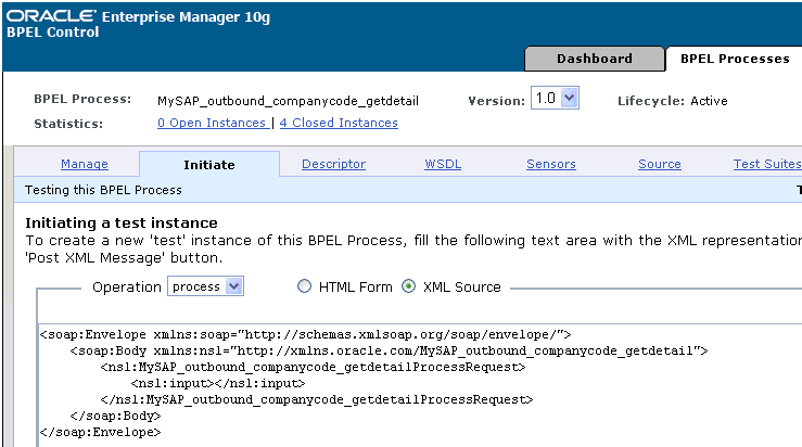 Oracle BPEL Console Initiate window