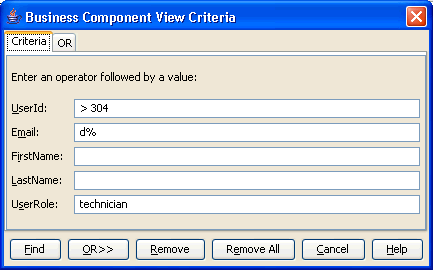 Image of Business Component View Criteria dialog