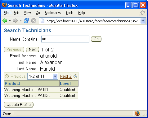 Image of web page with master/detail data