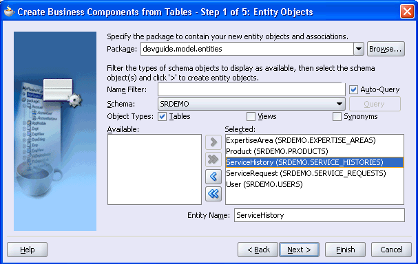 Step 1 of Create Business Components from Tables wizard
