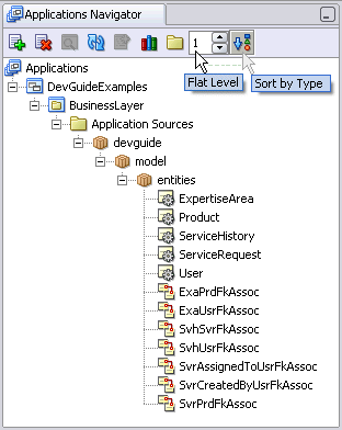 Image shows how Application Navigator sorts entity objects