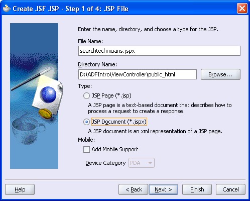 Image of step 1 of the Create JSF/JSP wizard