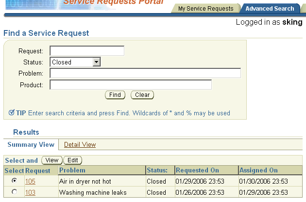 Search page showing closed service requests summary table