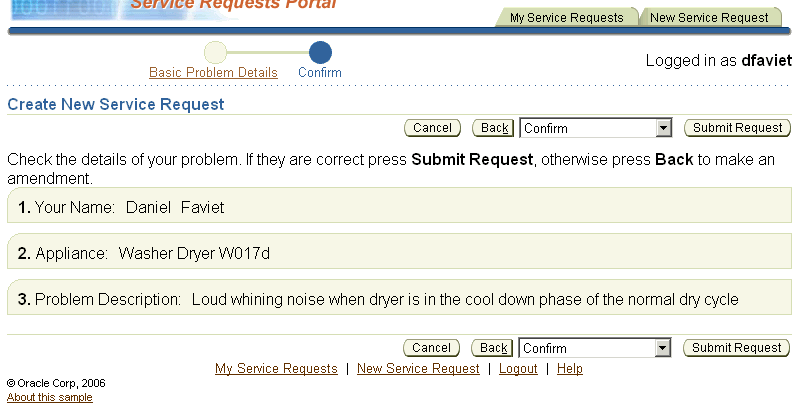 Confirmation page for creating service request