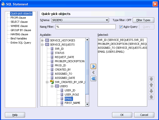 Image of SQL Statement page of View Object Query Builder