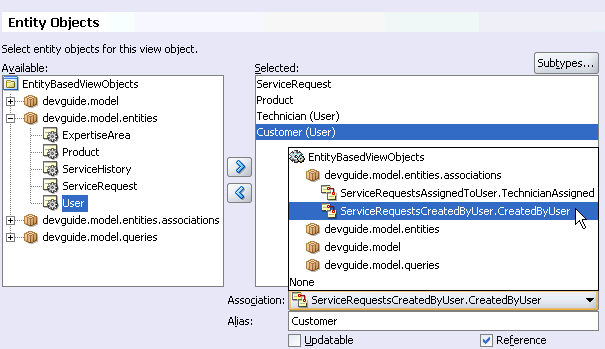 Image shows adding reference entity usages in view object