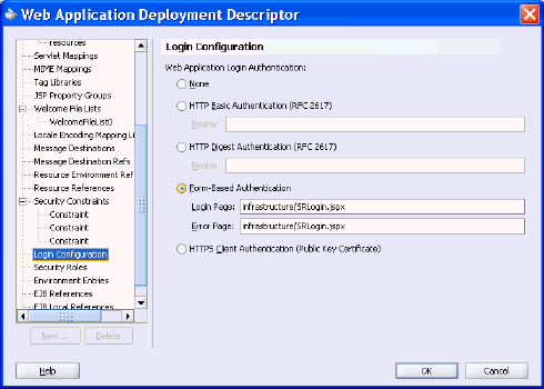 Login configuration in the Deployment Descriptor editor.