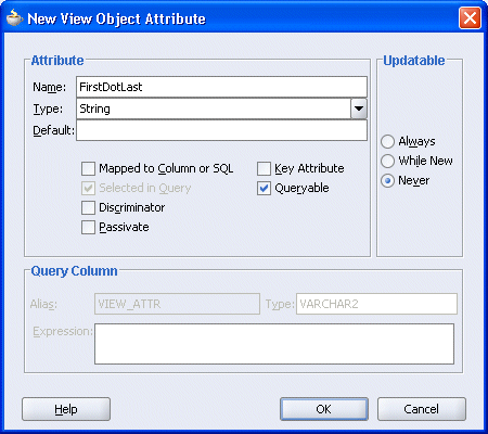 Image of New View Object Attribute dialog
