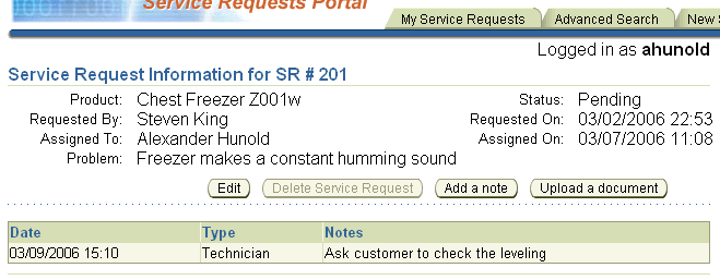 Upload function on service request information page