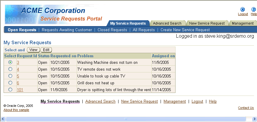 The SRList page with Oracle formatting.