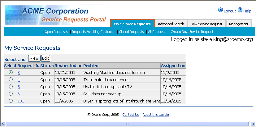 The SRList page using the custom SRDemo skin