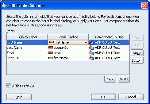Edit Table Column dialog