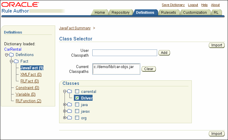 Rule Author JavaFact Class Selector Page
