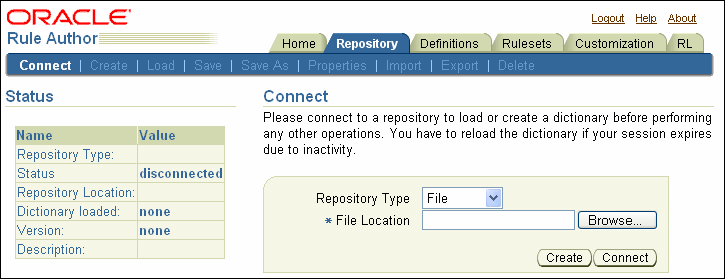 Initial Rule Author Repository Connect page.