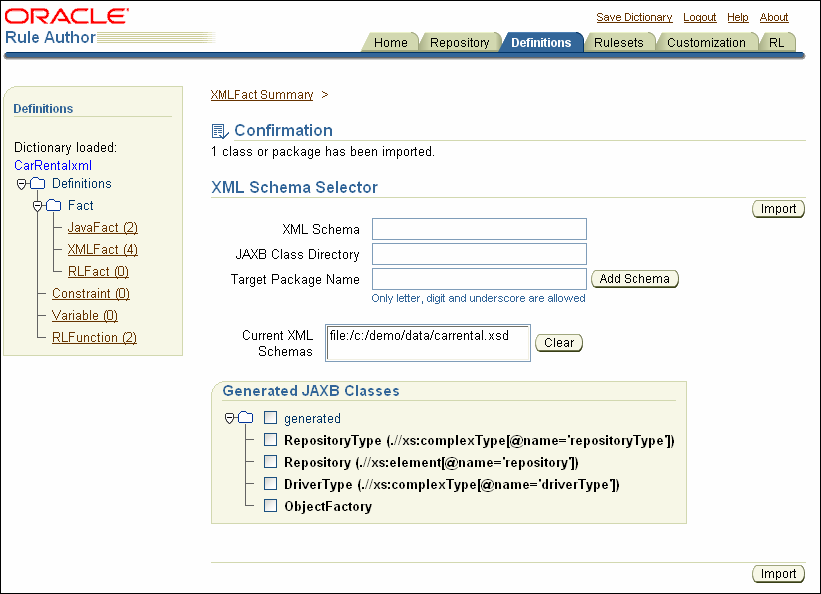 Rule Author XML Schema Selector with confirmation